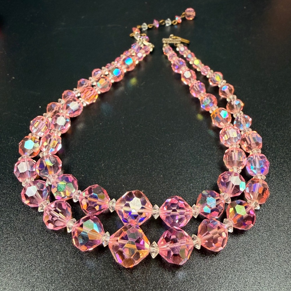 Vintage Double Strand Necklace Pink Aurora Borealis Crystal 16 inches